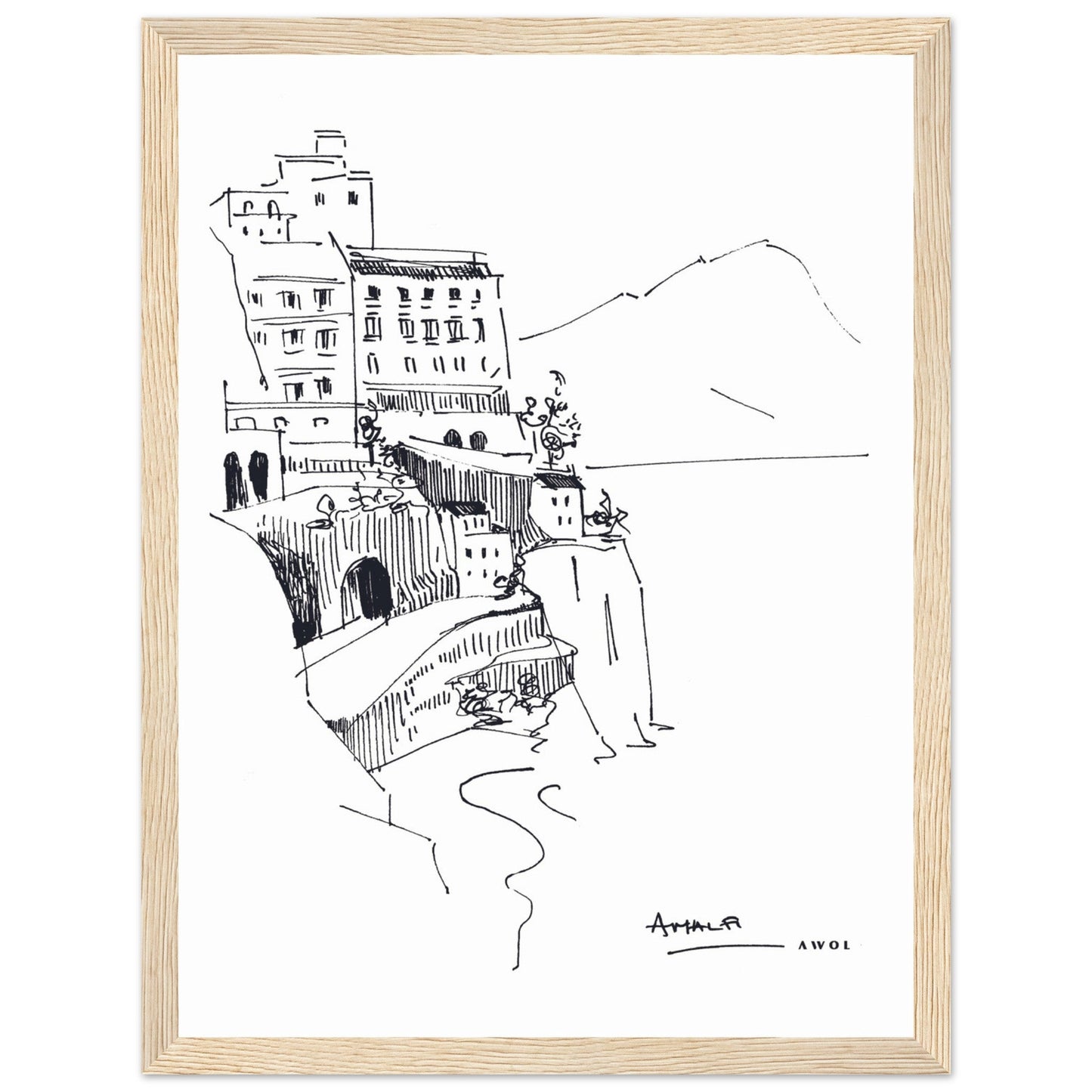 Amalfi Coast, Italy Travel Poster: Black And White Framed Art Print - Creations Awol