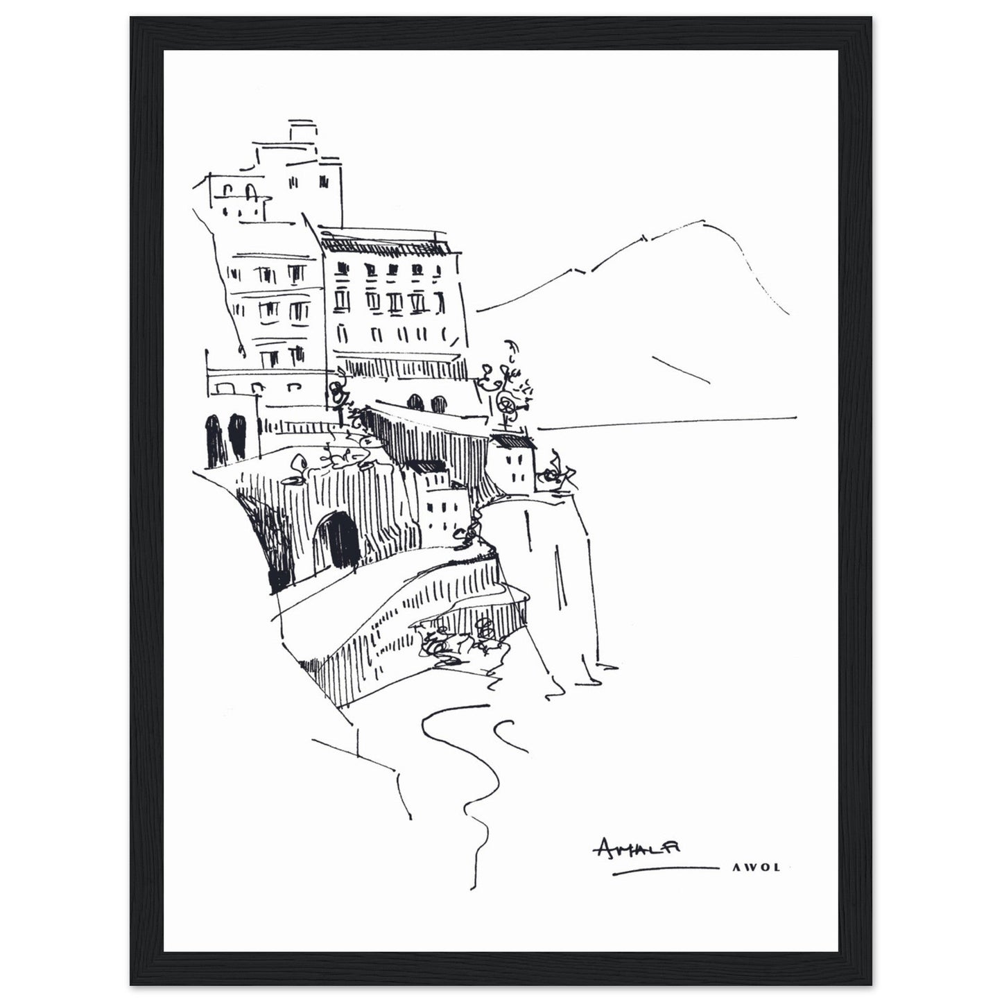 Amalfi Coast, Italy Travel Poster: Black And White Framed Art Print - Creations Awol