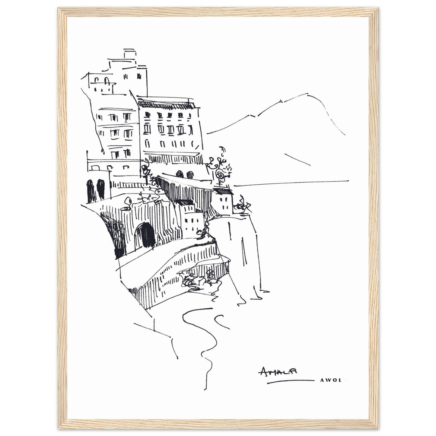 Amalfi Coast, Italy Travel Poster: Black And White Framed Art Print - Creations Awol