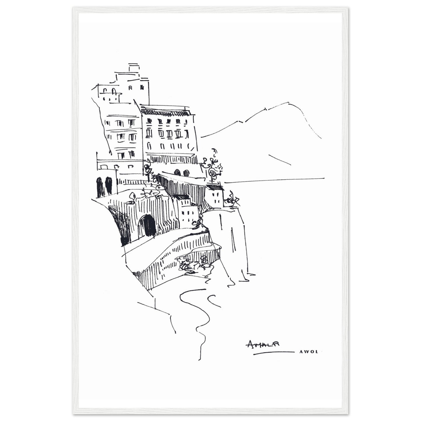 Amalfi Coast, Italy Travel Poster: Black And White Framed Art Print - Creations Awol