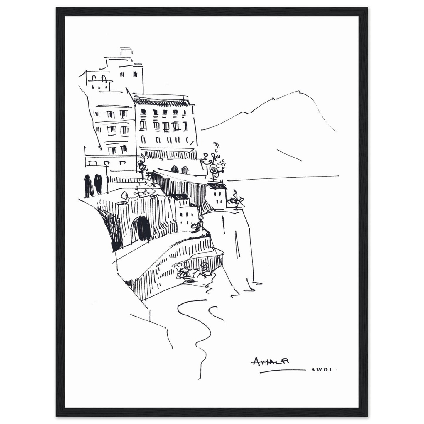 Amalfi Coast, Italy Travel Poster: Black And White Framed Art Print - Creations Awol