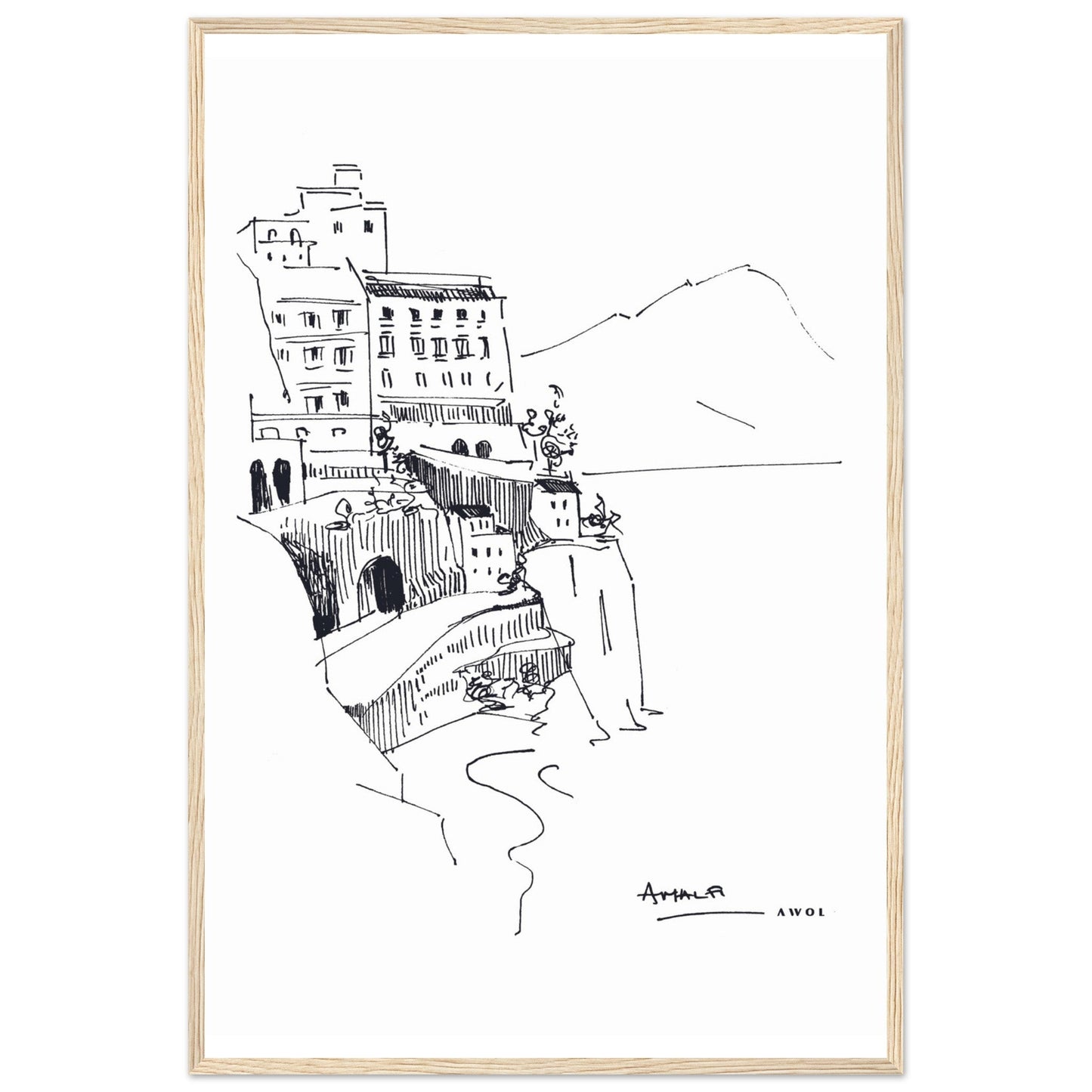Amalfi Coast, Italy Travel Poster: Black And White Framed Art Print - Creations Awol