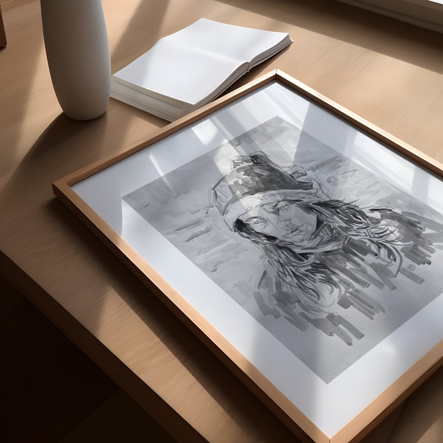 Portrait Of A Woman On The Beach: Wooden Framed Art Print