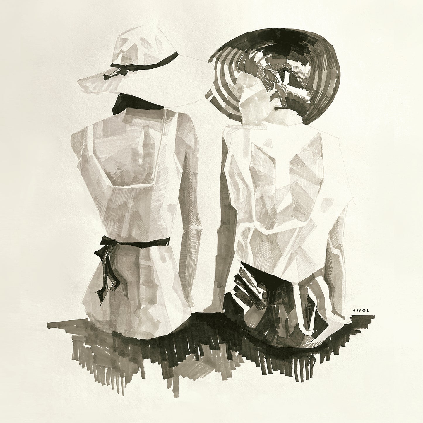 Mediterranean Elegance: Two Women In Hats On The Beach Looking At The Sea, Large Monochrome Canvas Art