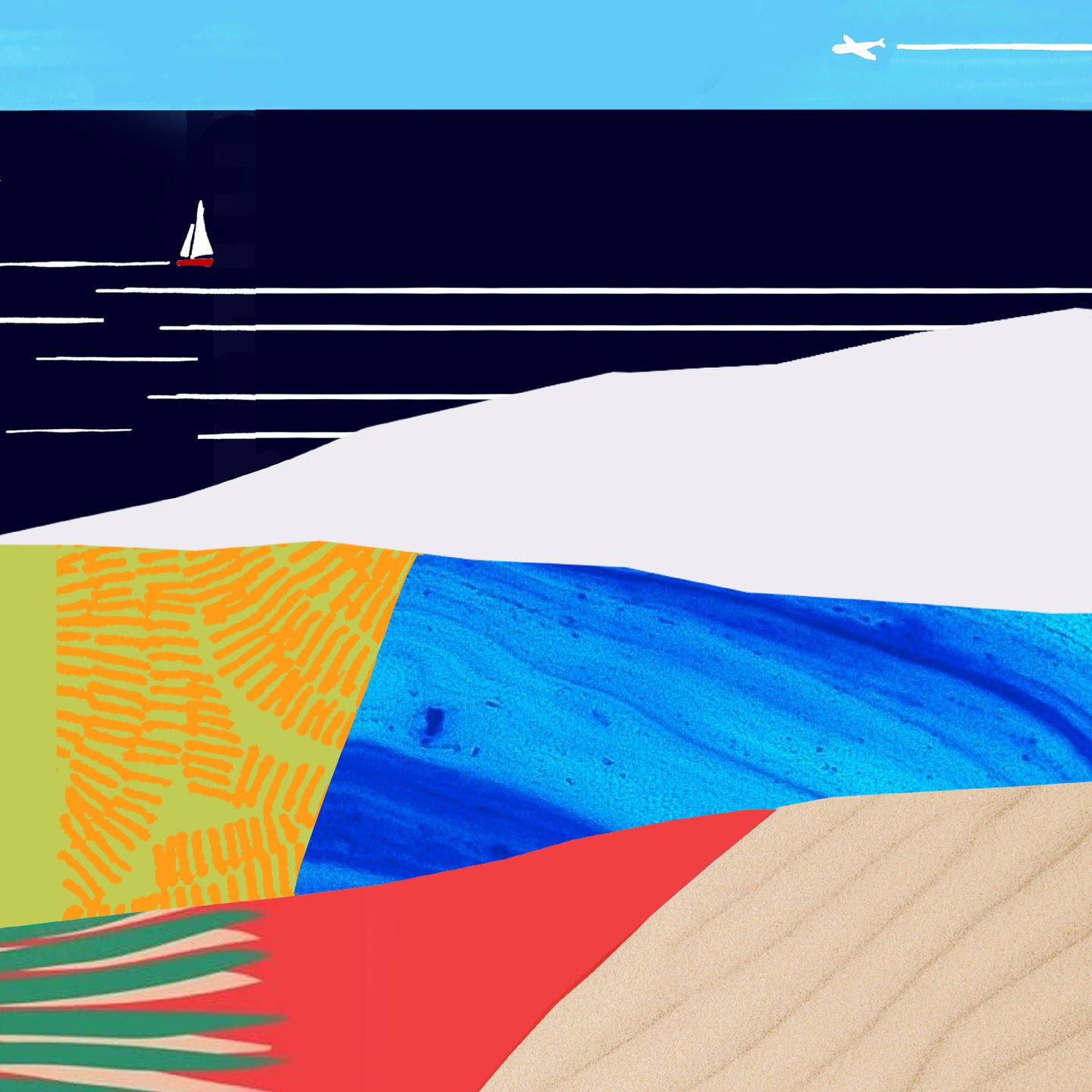 Tropical Beach Paradise With Palm Trees, Travel Art Print On Aluminum