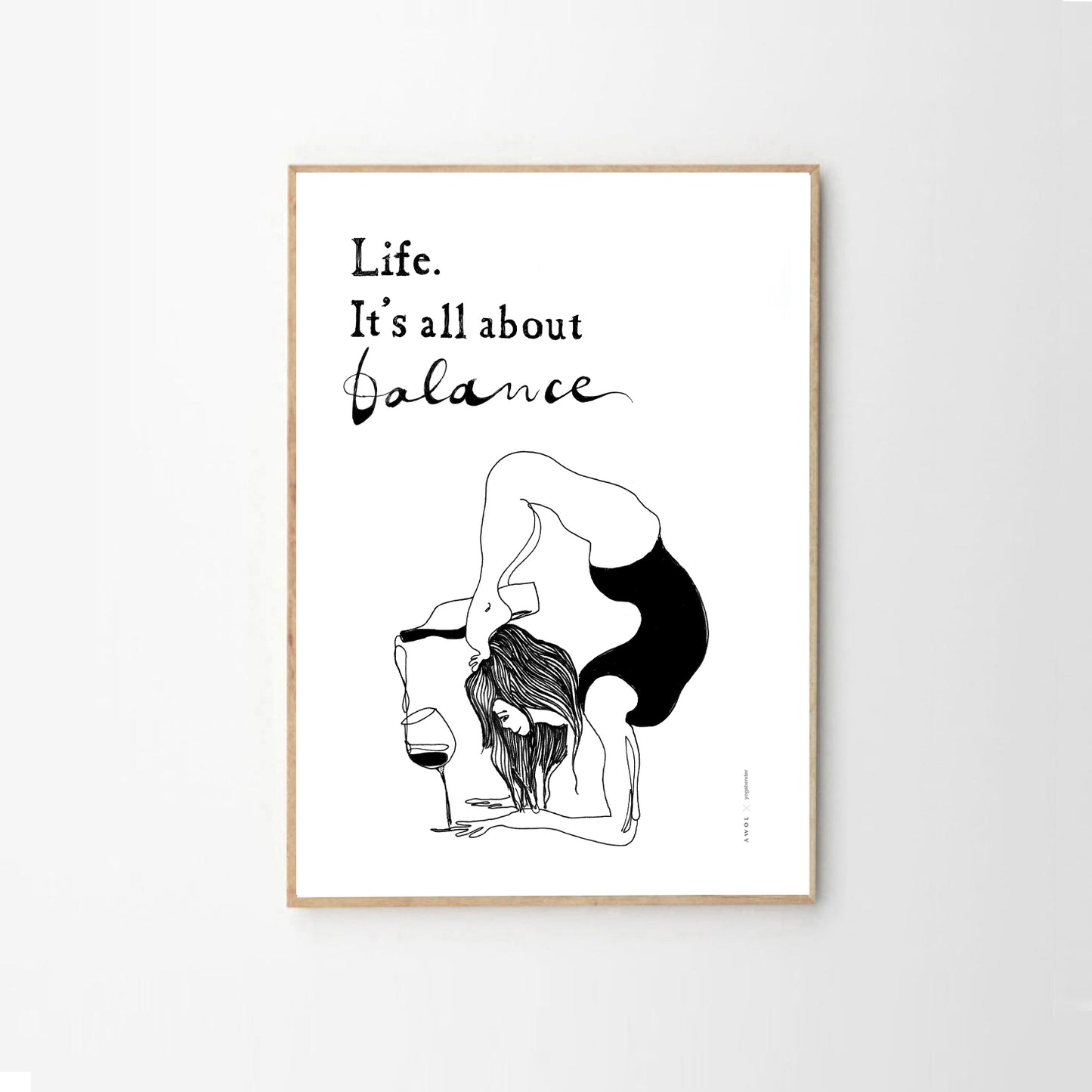 Yoga Art Print With Yoga Pose, Wine And Balance: Framed Art Print