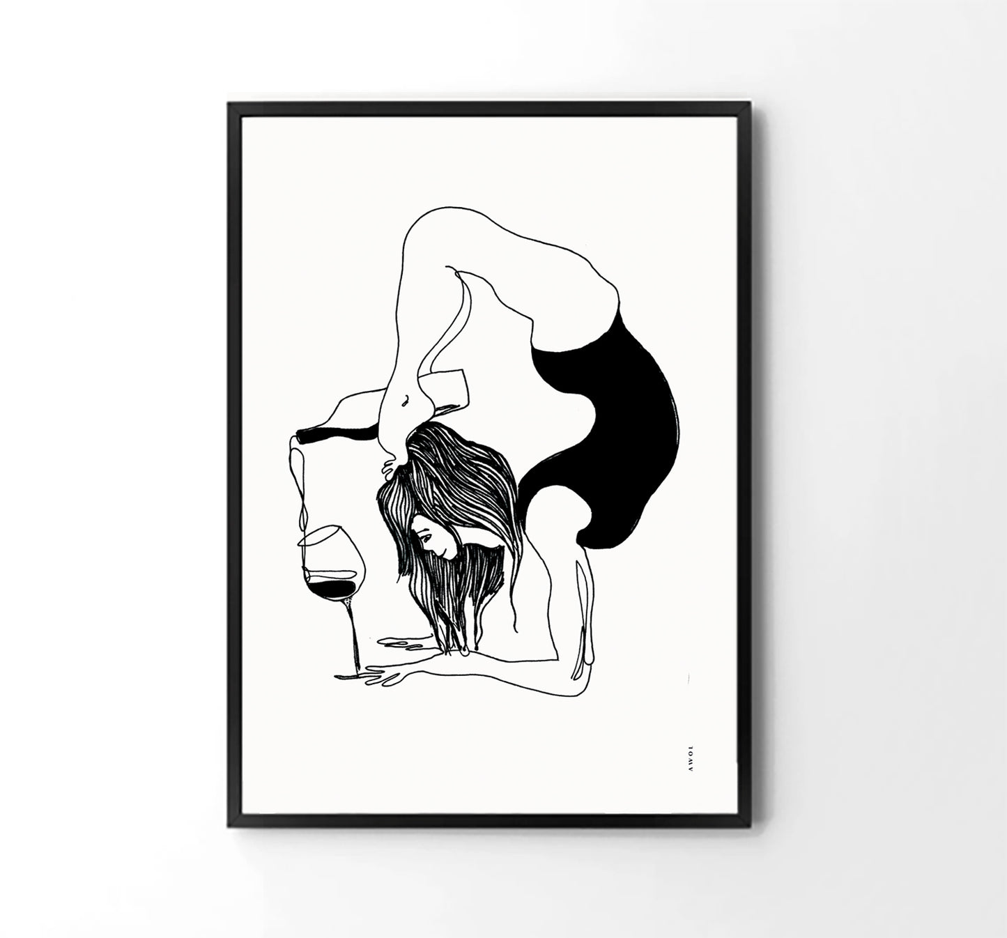 Funny Black And White Yoga Art Print In Wooden Frame With Wine And Balance Yoga Pose