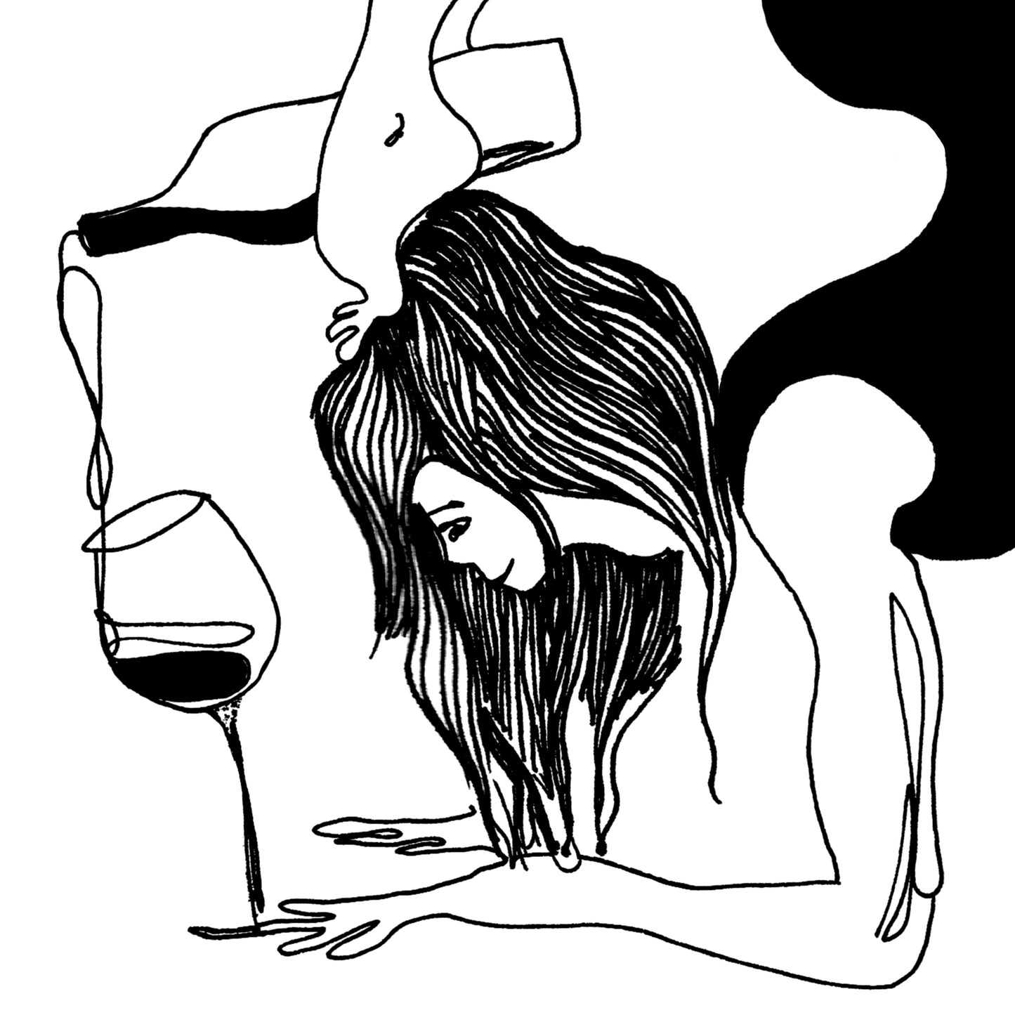 Funny Black And White Yoga Art Print In Wooden Frame With Wine And Balance Yoga Pose