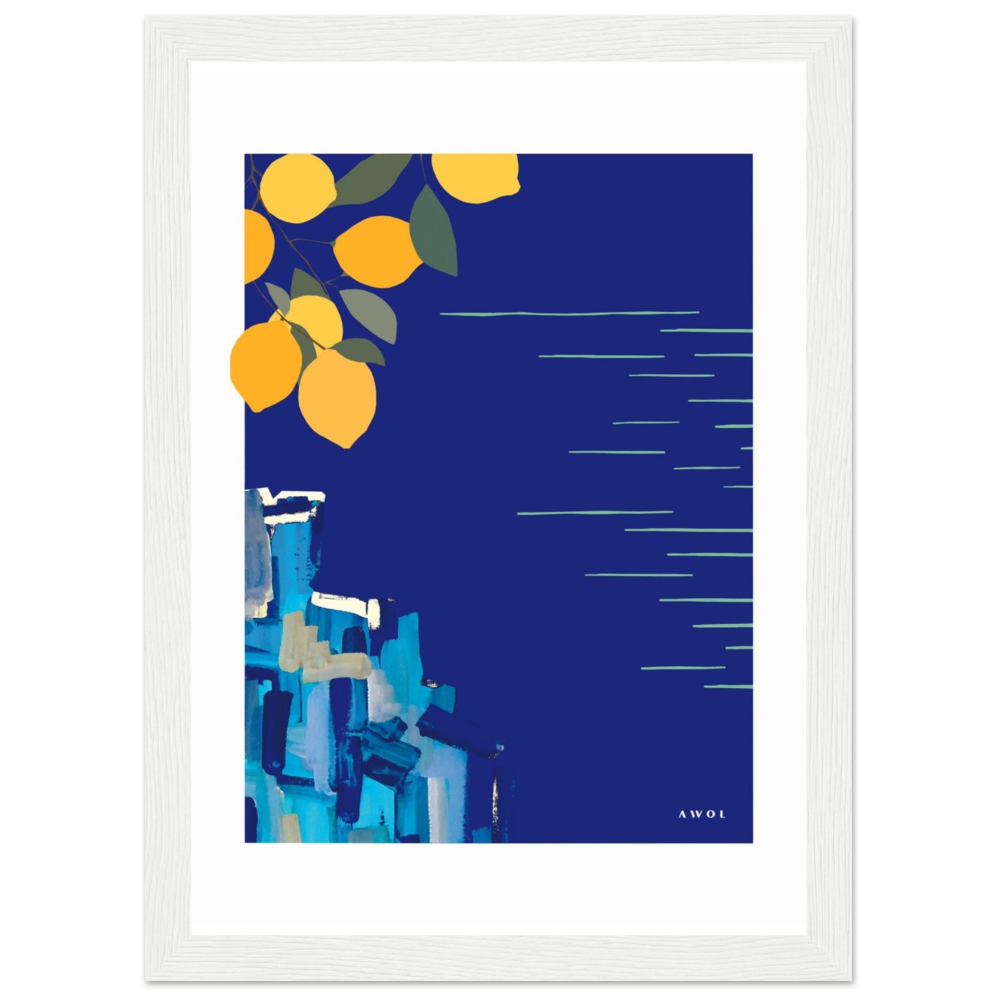 Mediterranean Blues: Landscape Art With Lemons By The Sea, Wooden Framed Art Print