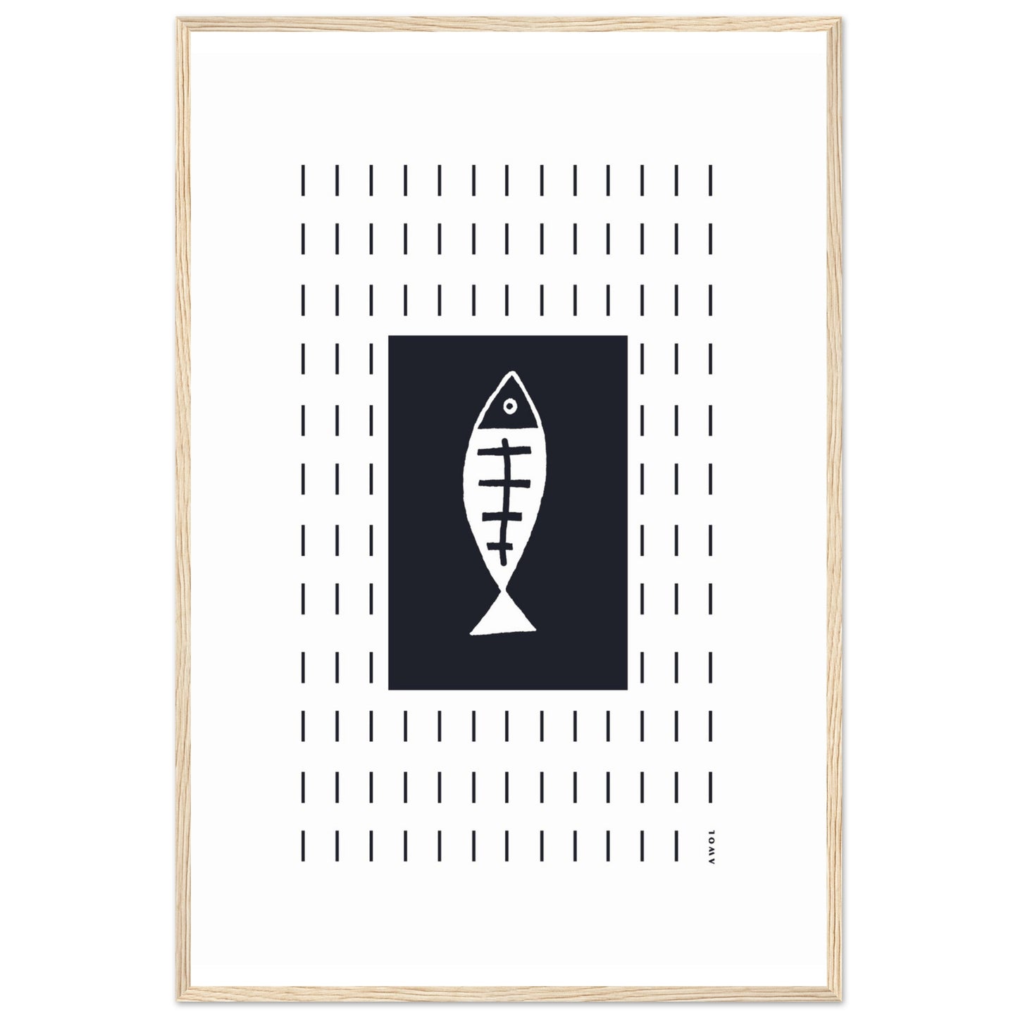 Minimalist Fish Art Abstraction In Rain Pattern, Black and White Framed Art Print
