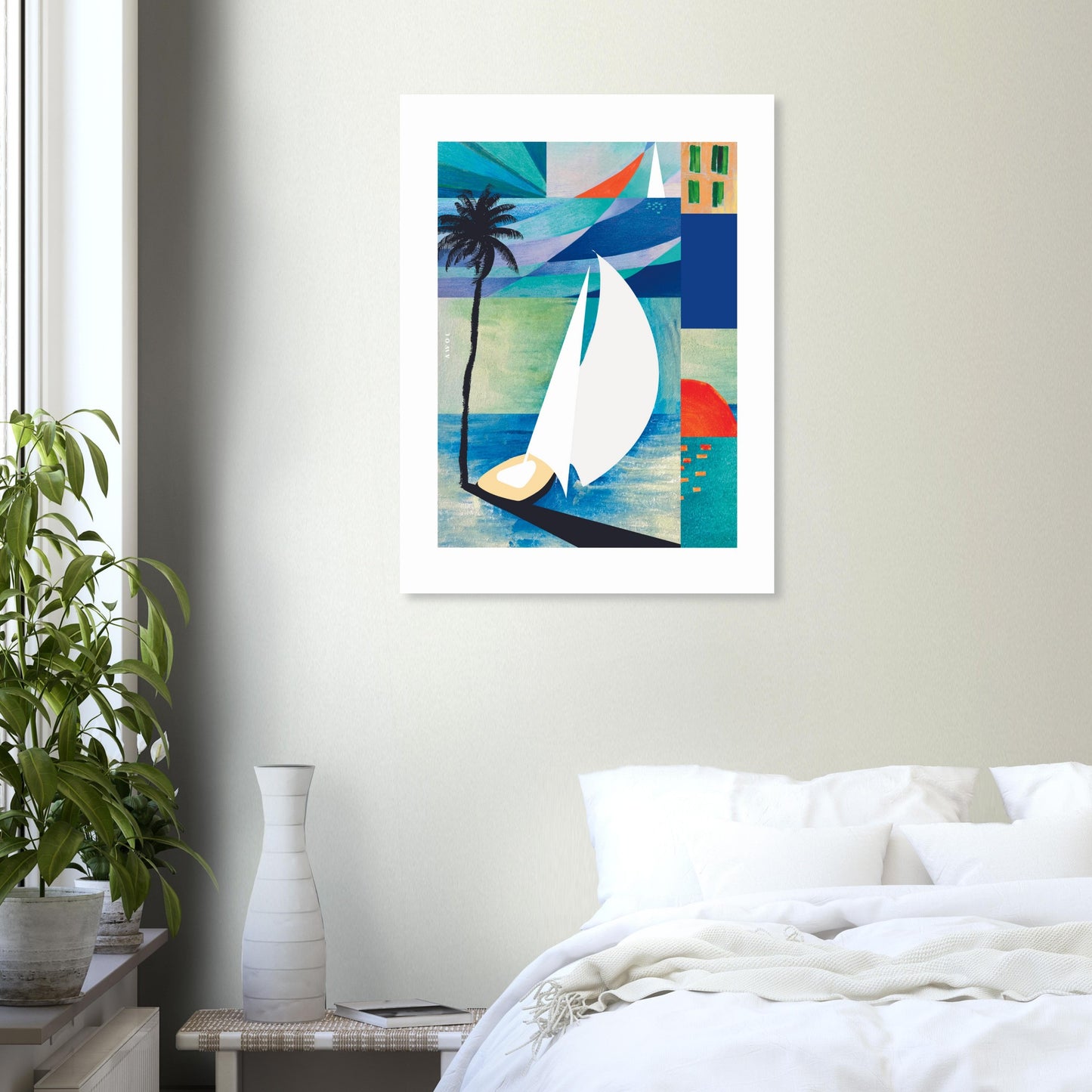 White Sailboat On Blue Sea At Sunrise, Palm Tree Art Print On Aluminum
