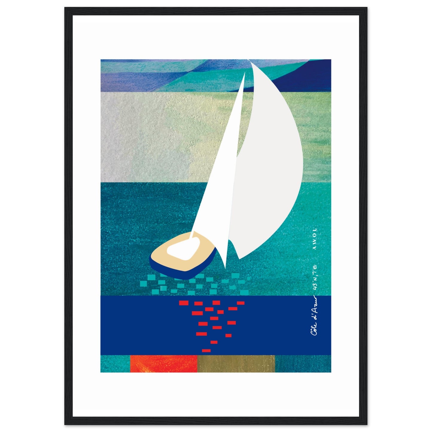White Sailboat At Sunset On The Sea With Graphic Reflection: French Rivera: Classic Matte Paper Wooden Framed Poster