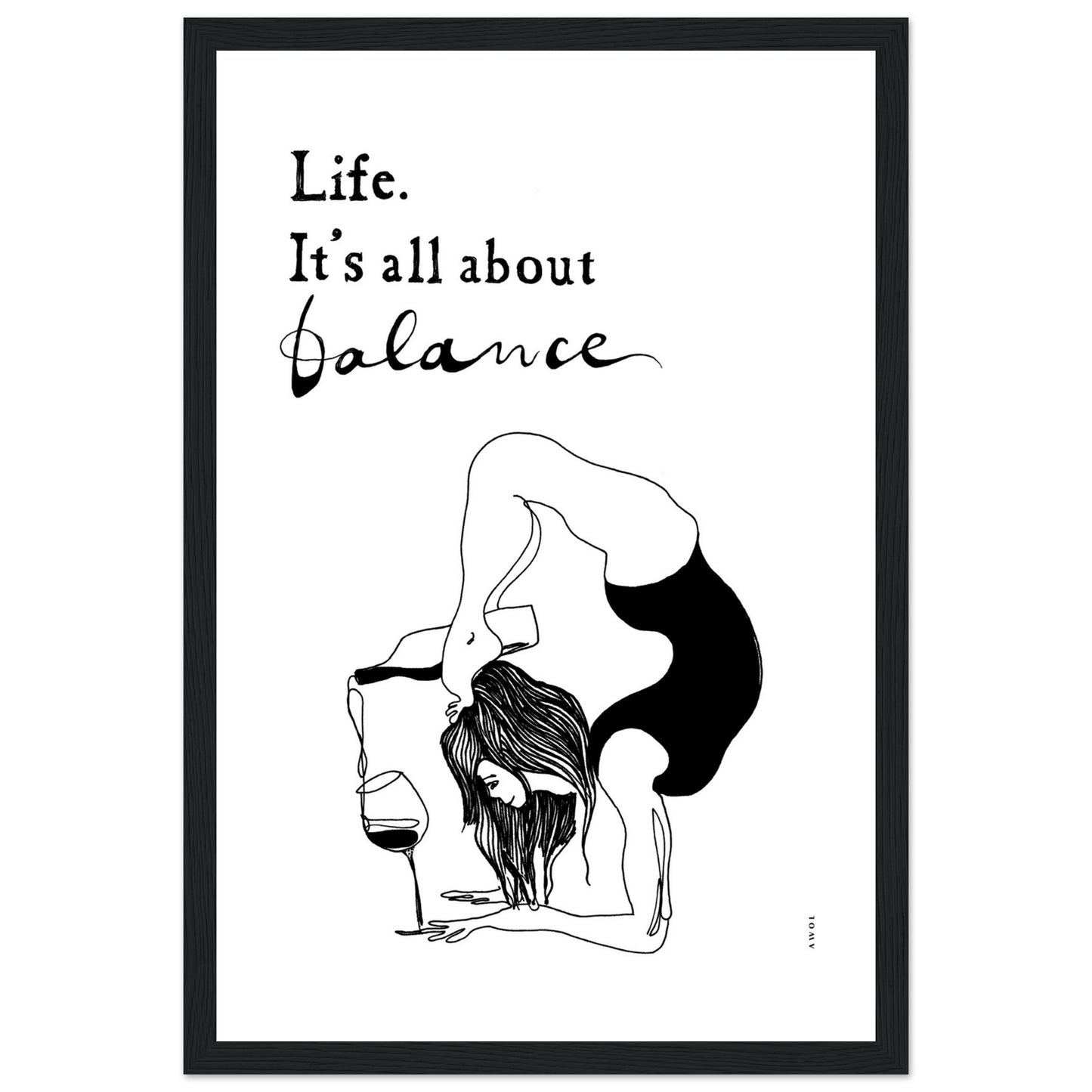 Yoga Art Print With Yoga Pose, Wine And Balance: Framed Art Print