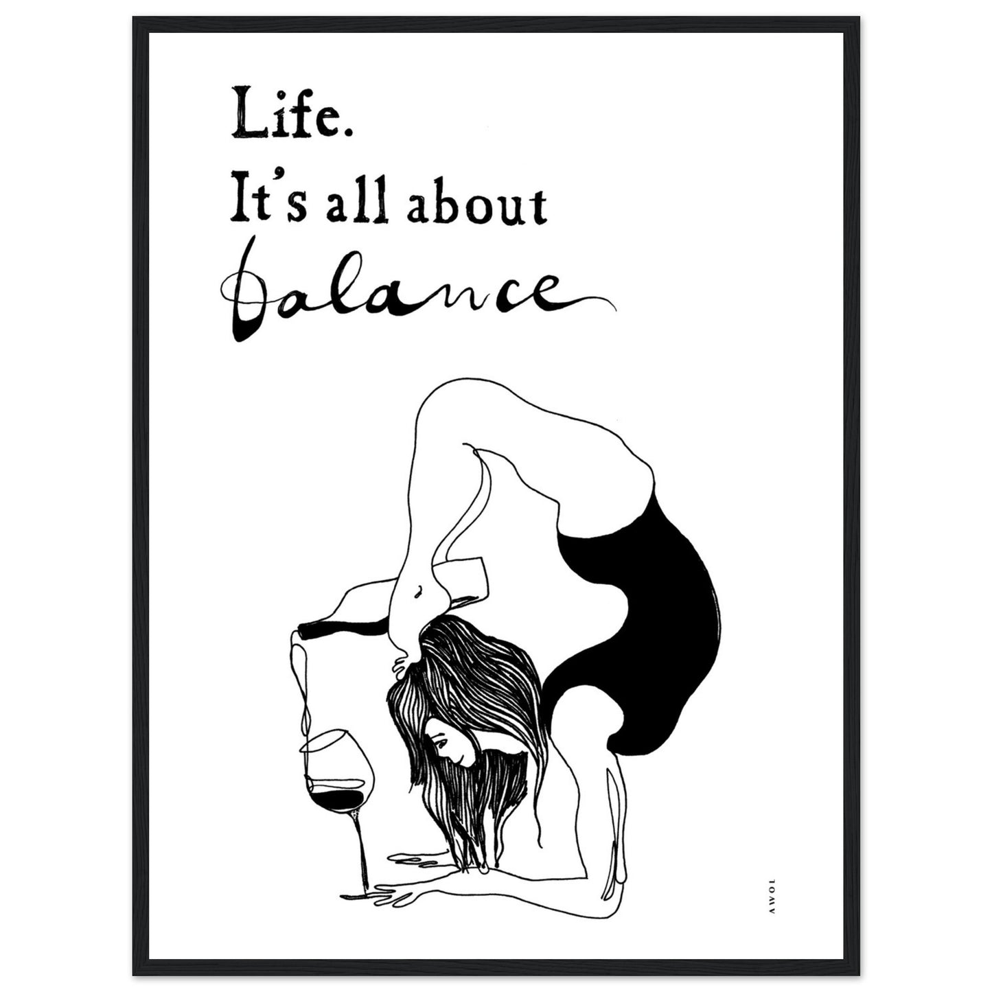 Yoga Art Print With Yoga Pose, Wine And Balance: Framed Art Print