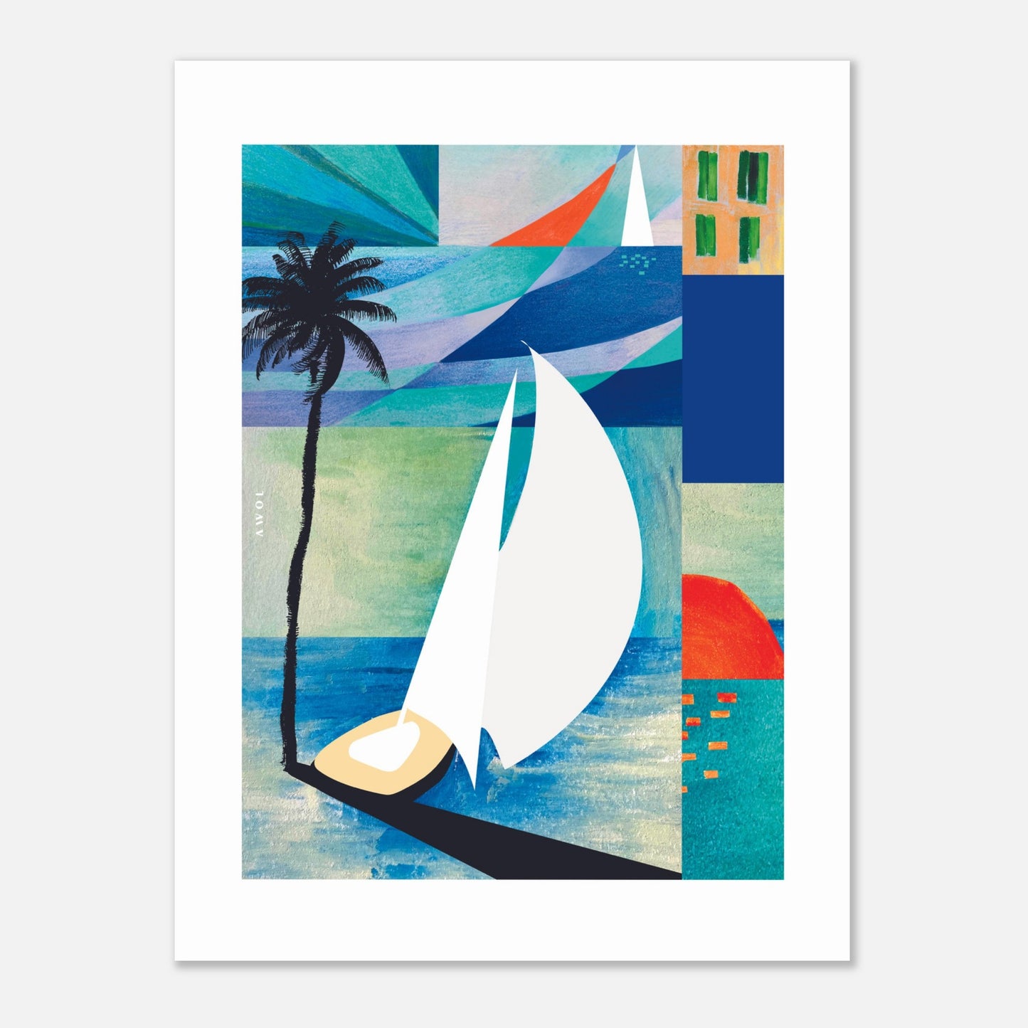 Tropical Art Print, Sunrise, Sail Boat and Palm Trees: Poster Print