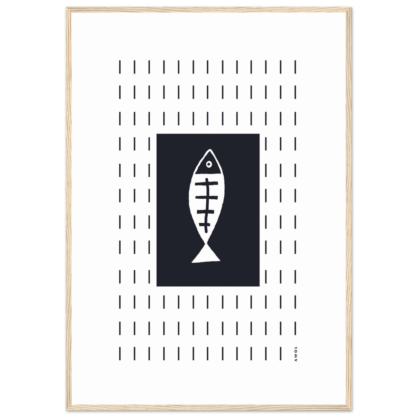 Minimalist Fish Art Abstraction In Rain Pattern, Black and White Framed Art Print