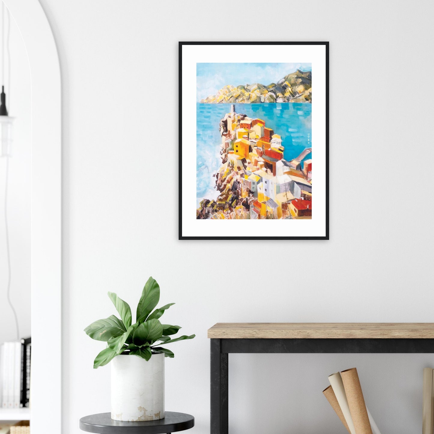 Colourful Town On A Cliff By The Sea In Italy: Italian Riviera Framed Art Print