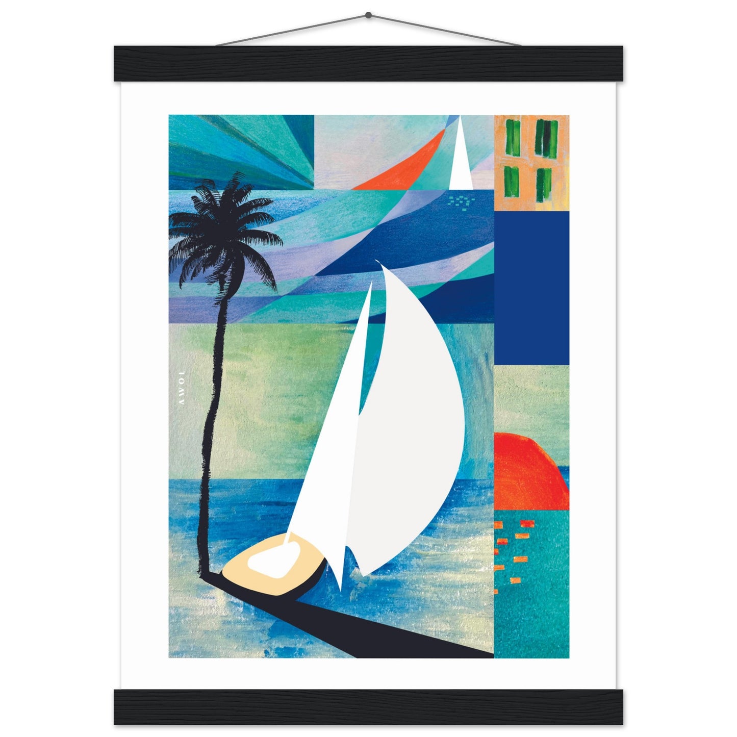 Colourful Sailing Art: Sea, Palm Tree And Orange Sun: Travel Poster with Hanger