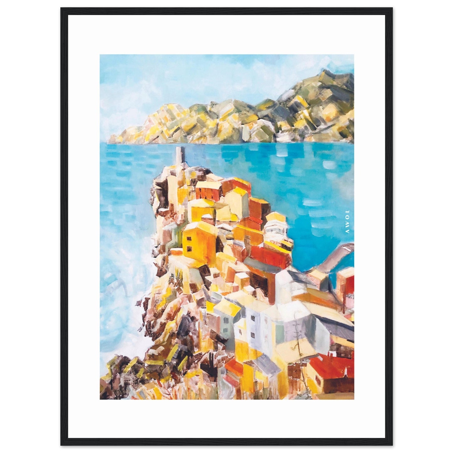 Colourful Town On A Cliff By The Sea In Italy: Italian Riviera Framed Art Print