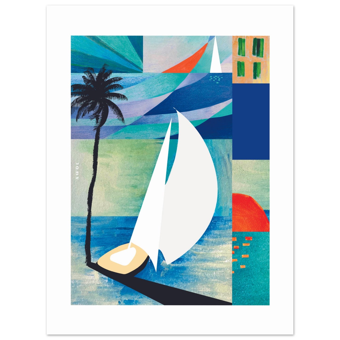 Tropical Art Print, Sunrise, Sail Boat and Palm Trees: Poster Print