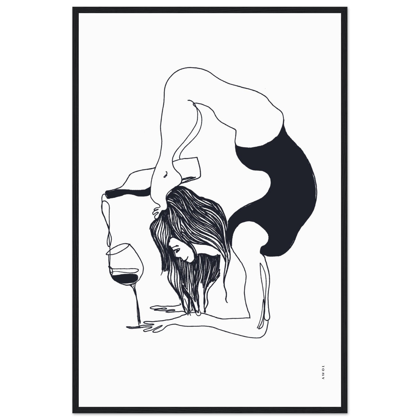 Funny Black And White Yoga Art Print In Wooden Frame With Wine And Balance Yoga Pose