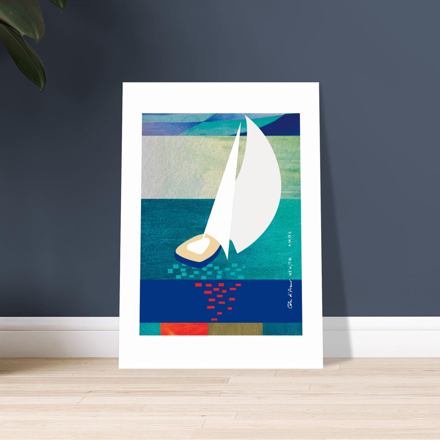 White Sailboat At Sunset On The Sea With Graphic Reflection: French Rivera Aluminum Print