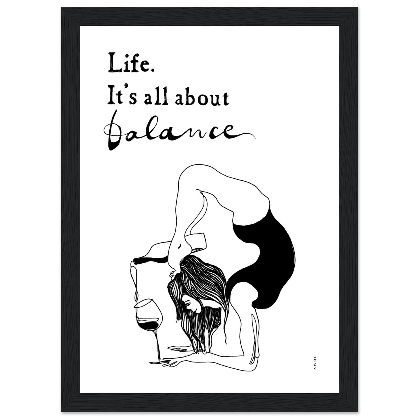 Yoga Art Print With Yoga Pose, Wine And Balance: Framed Art Print