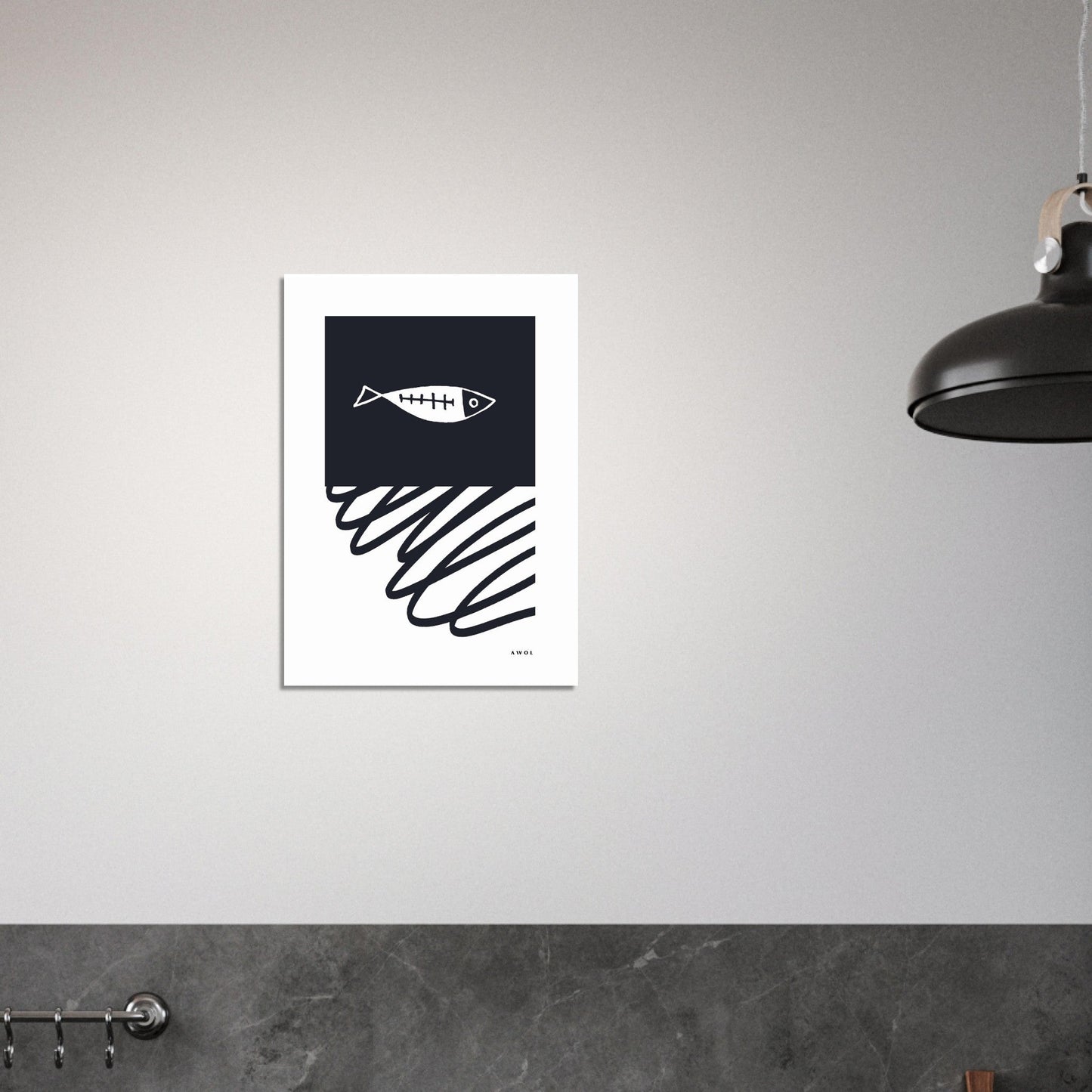 Black And White Abstract Wall Art With Fish And Minimalist Lines: Poster Print - Creations Awol