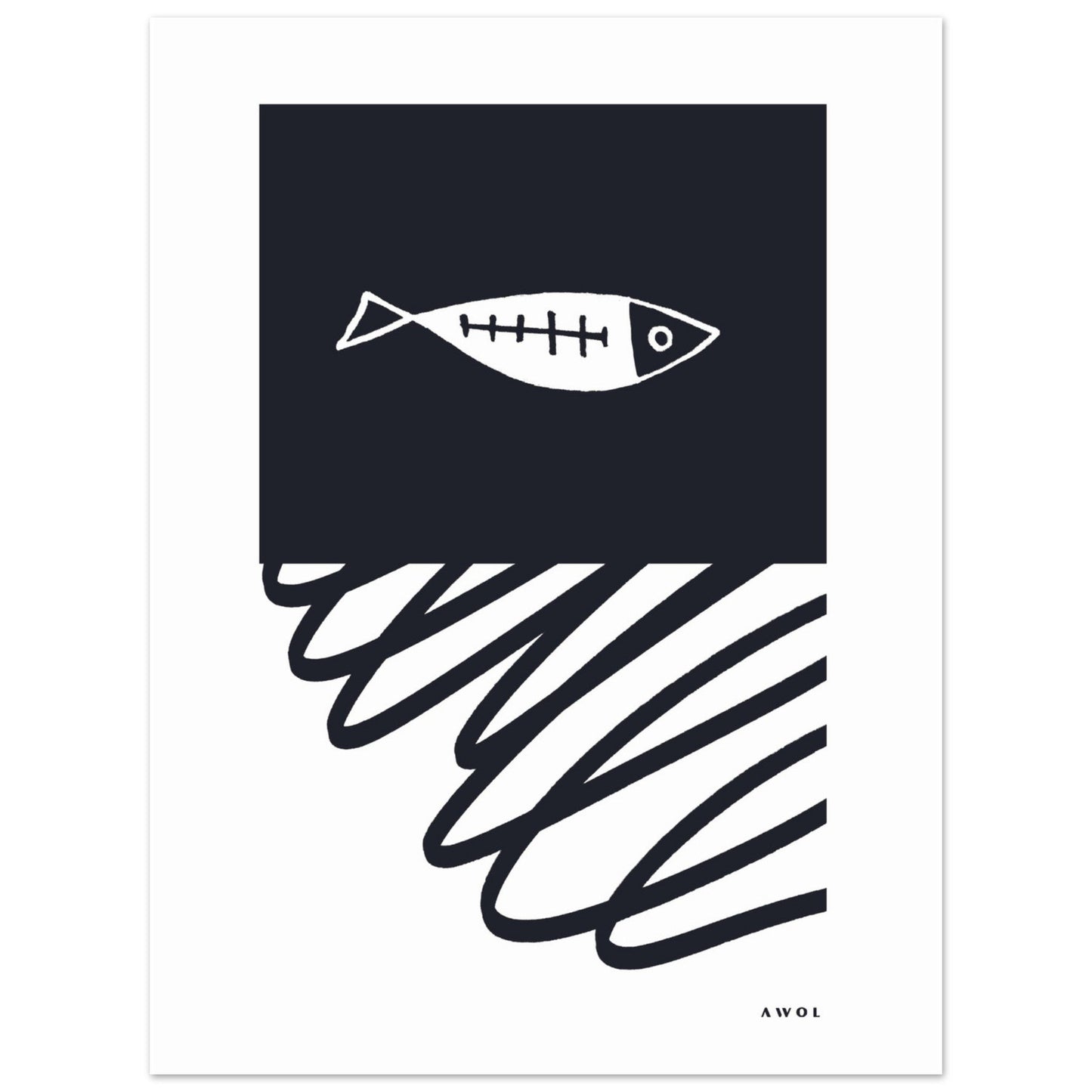 Black And White Abstract Wall Art With Fish And Minimalist Lines: Poster Print - Creations Awol