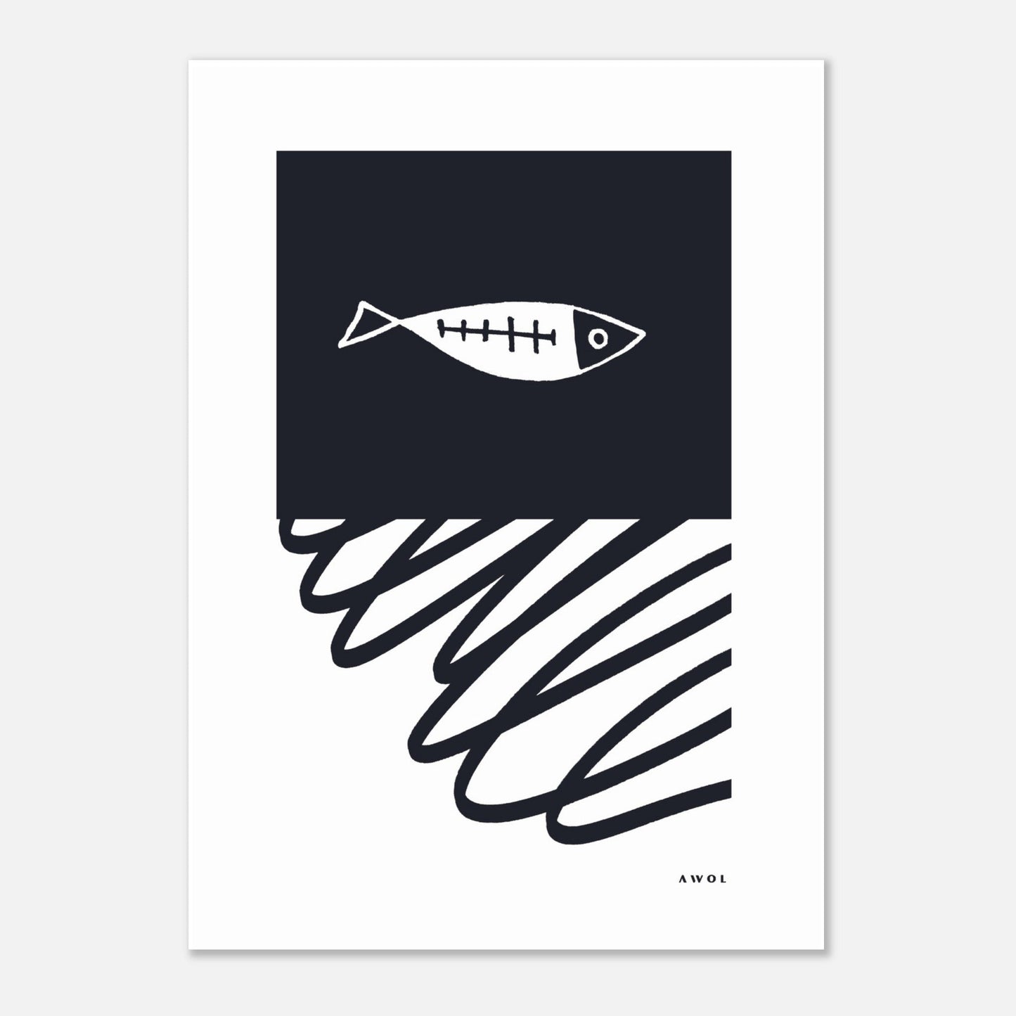 Black And White Abstract Wall Art With Fish And Minimalist Lines: Poster Print - Creations Awol