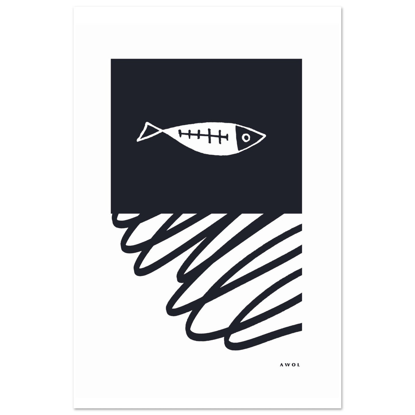 Black And White Abstract Wall Art With Fish And Minimalist Lines: Poster Print - Creations Awol