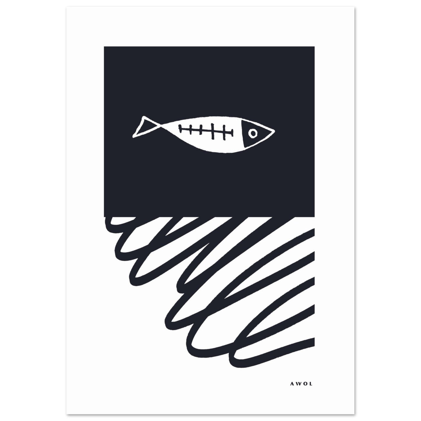 Black And White Abstract Wall Art With Fish And Minimalist Lines: Poster Print - Creations Awol