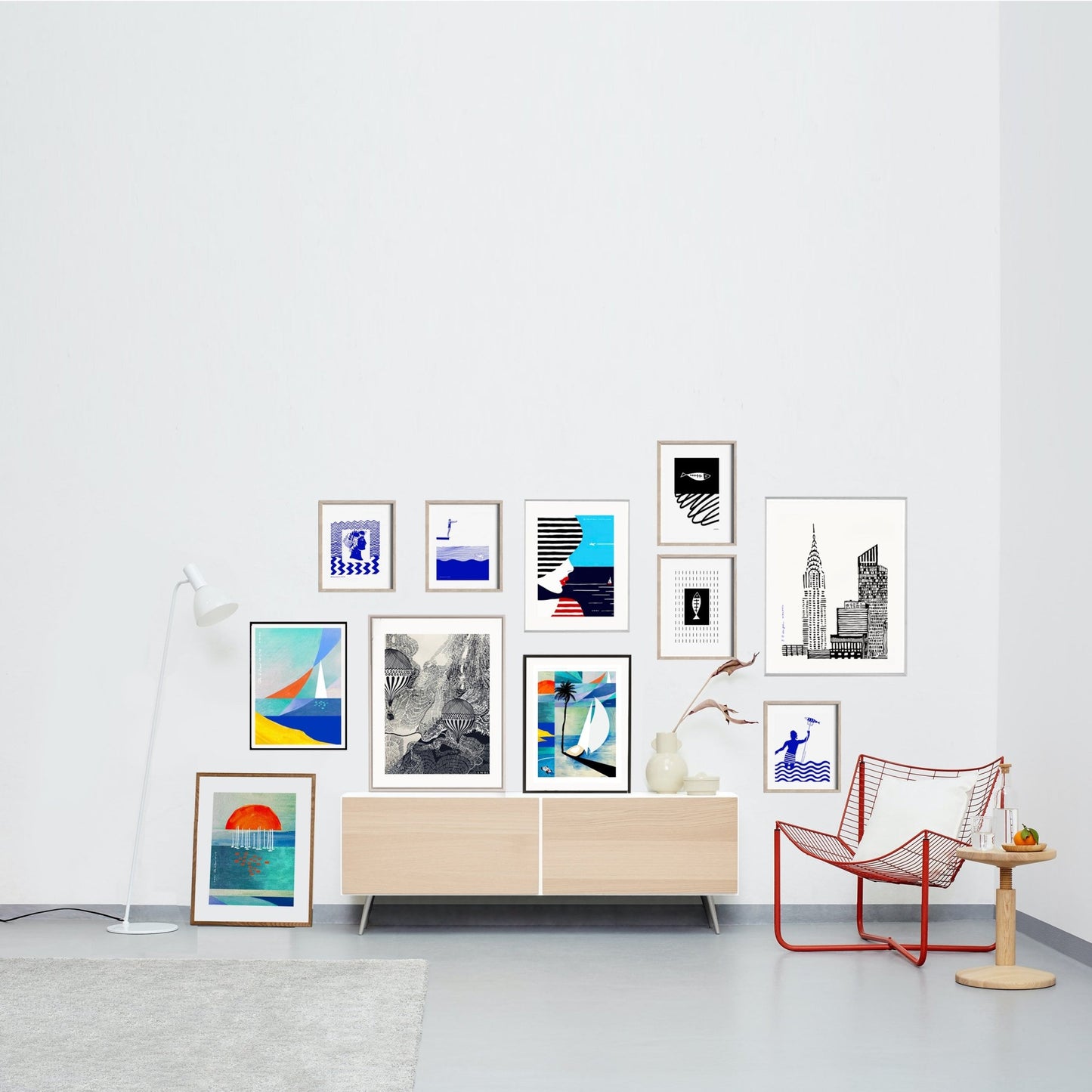 Black And White Abstract Wall Art With Fish And Minimalist Lines: Poster Print - Creations Awol