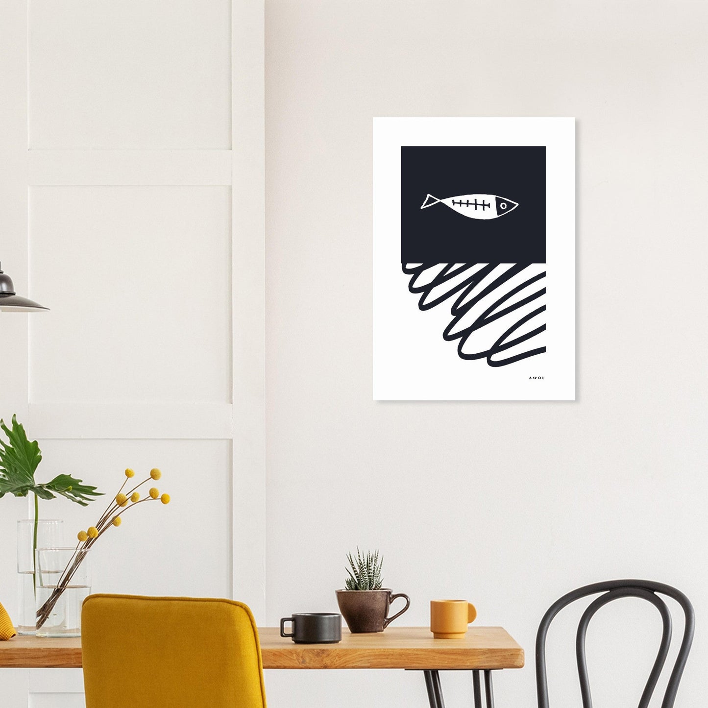Black And White Abstract Wall Art With Fish And Minimalist Lines: Poster Print - Creations Awol