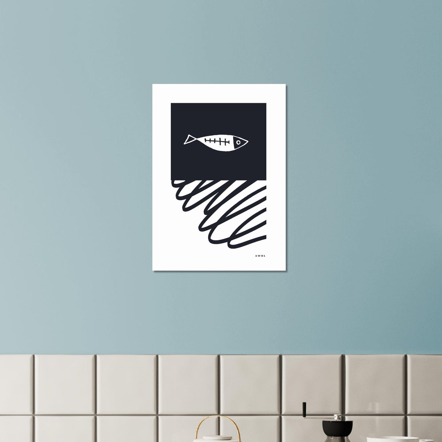 Black And White Abstract Wall Art With Fish And Minimalist Lines: Poster Print - Creations Awol