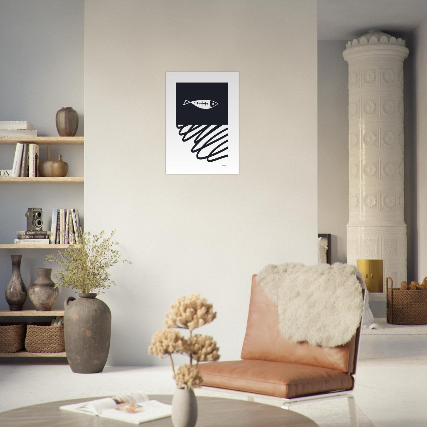 Black And White Abstract Wall Art With Fish And Minimalist Lines: Poster Print - Creations Awol