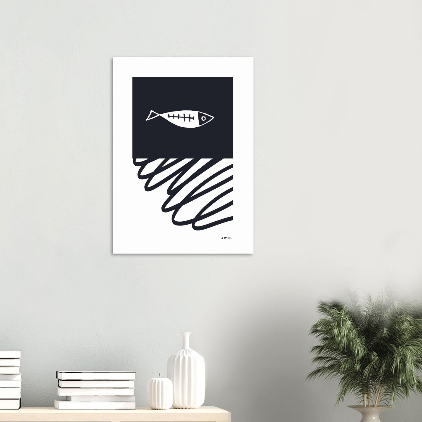 Black And White Abstract Wall Art With Fish And Minimalist Lines: Poster Print - Creations Awol