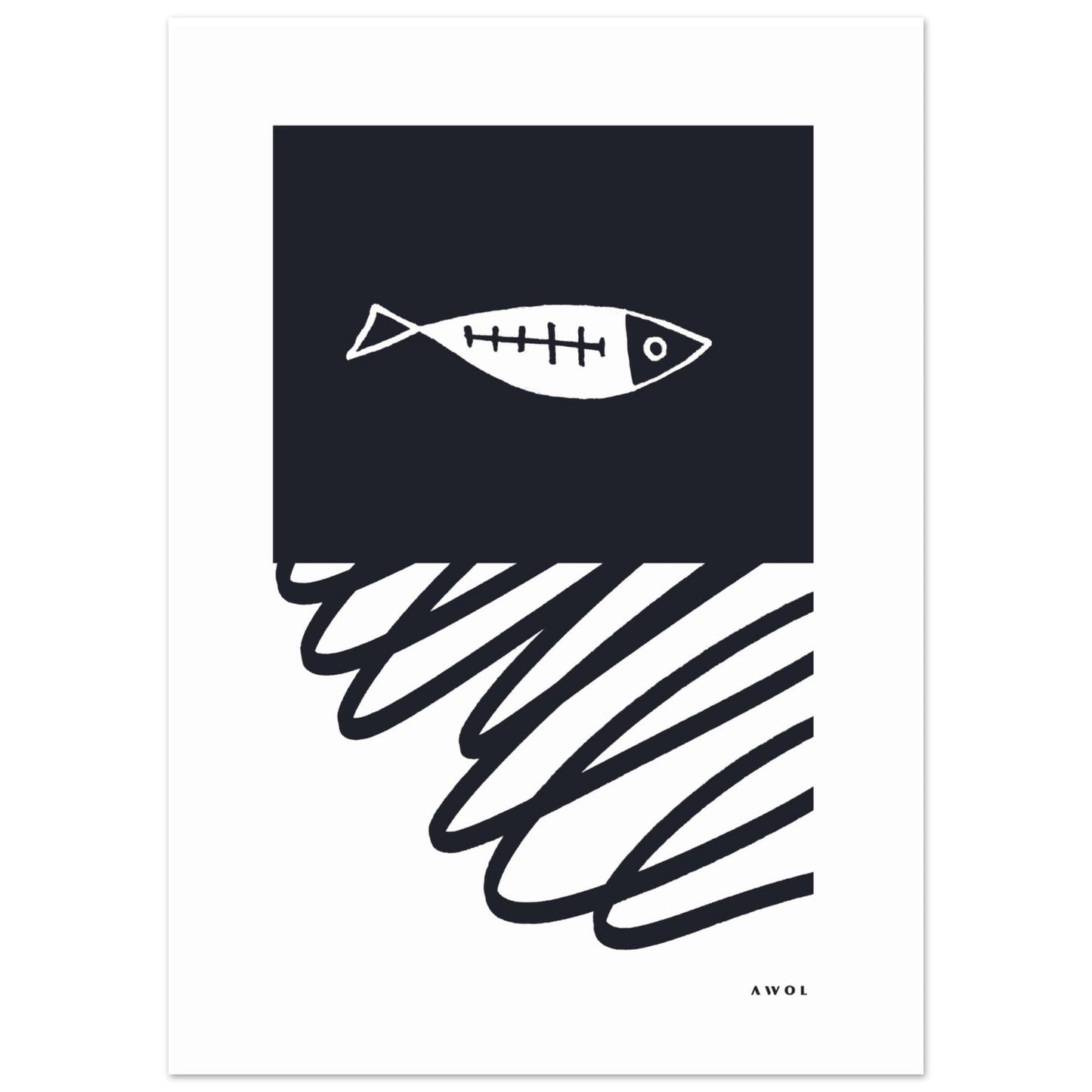 Black And White Abstract Wall Art With Fish And Minimalist Lines: Poster Print - Creations Awol
