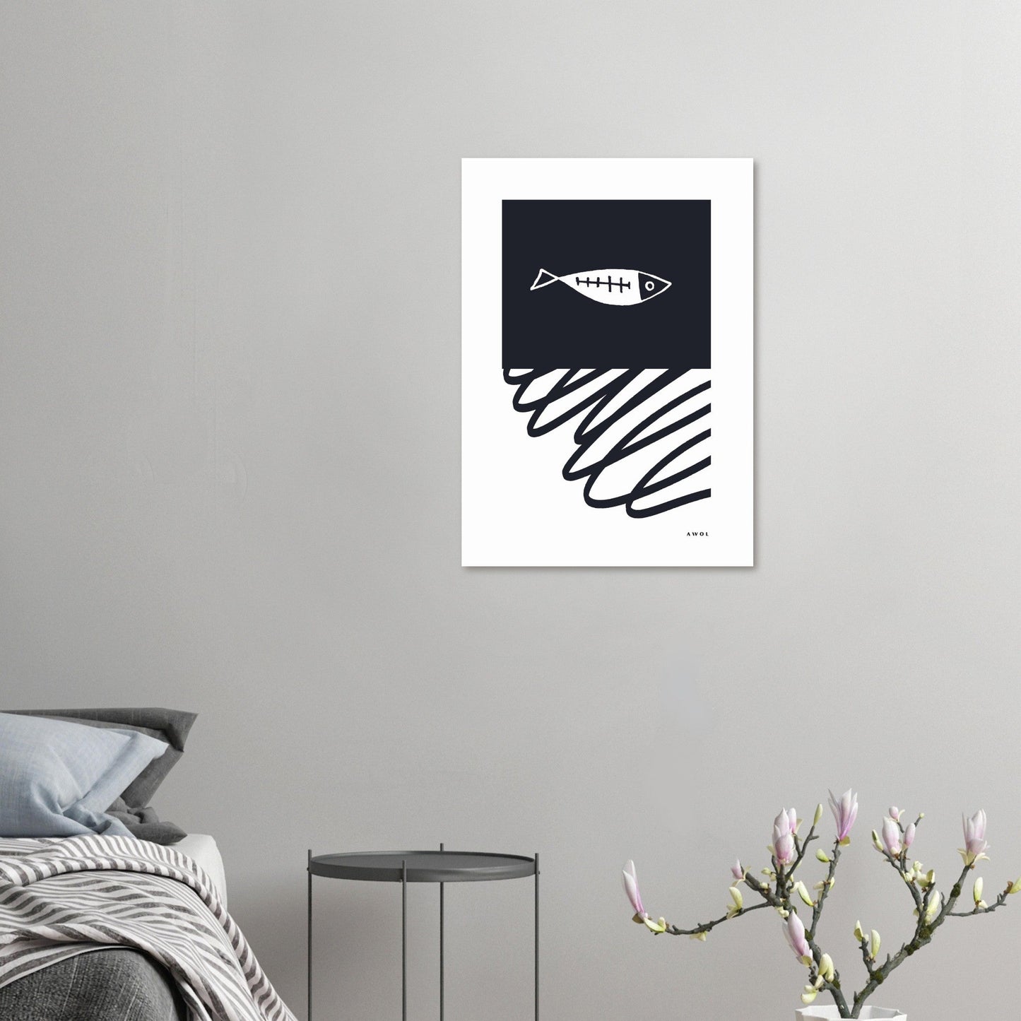 Black And White Abstract Wall Art With Fish And Minimalist Lines: Poster Print - Creations Awol