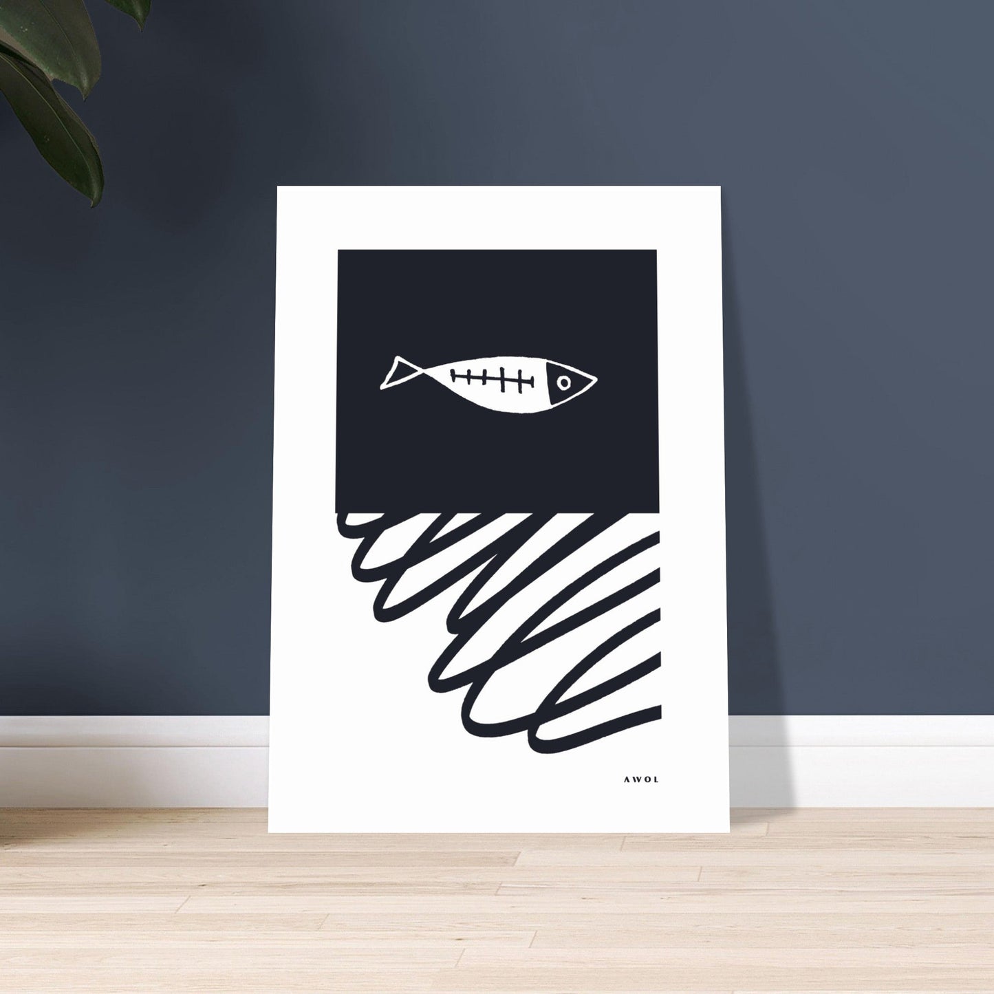 Black And White Abstract Wall Art With Fish And Minimalist Lines: Poster Print - Creations Awol