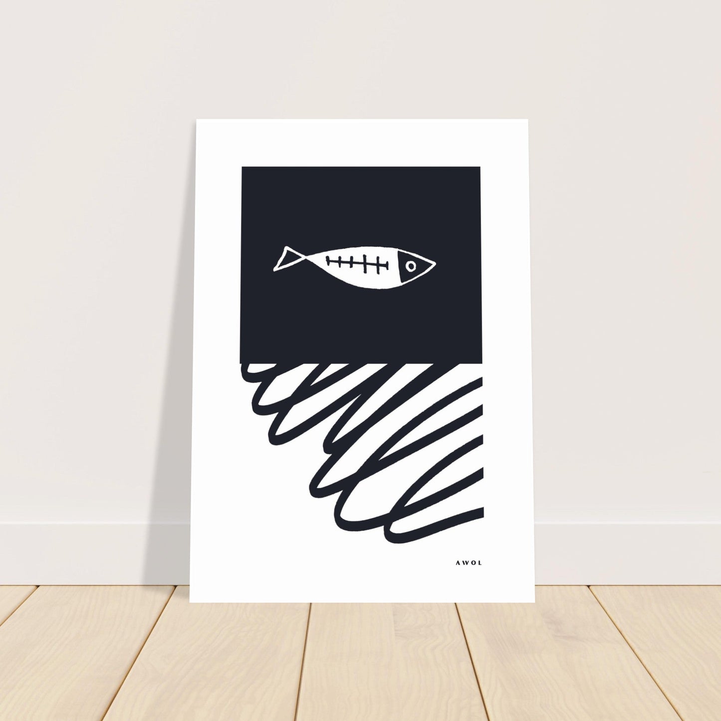 Black And White Abstract Wall Art With Fish And Minimalist Lines: Poster Print - Creations Awol