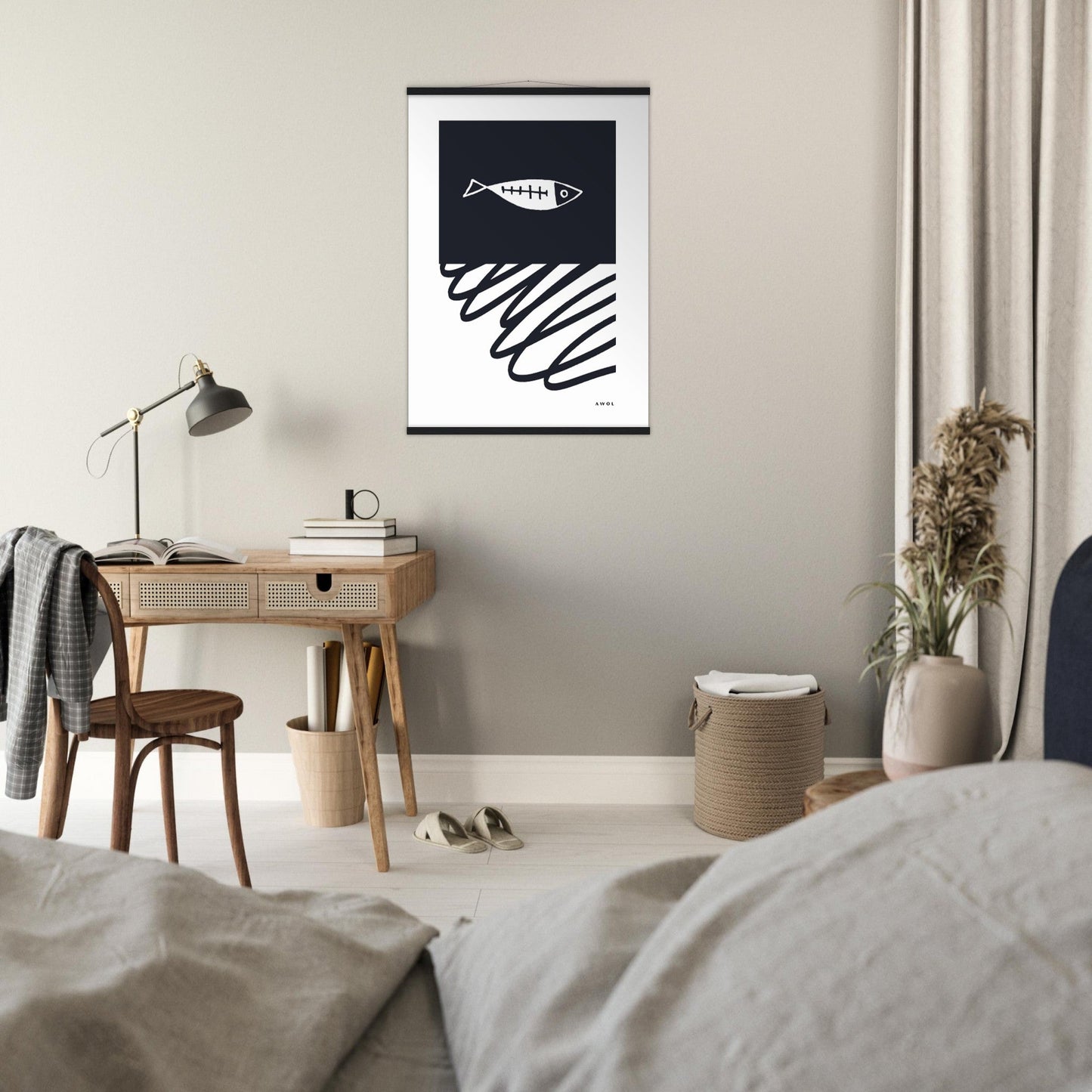 Black And White Abstract Wall Art With Fish And Minimalist Lines: Poster with Hanger - Creations Awol