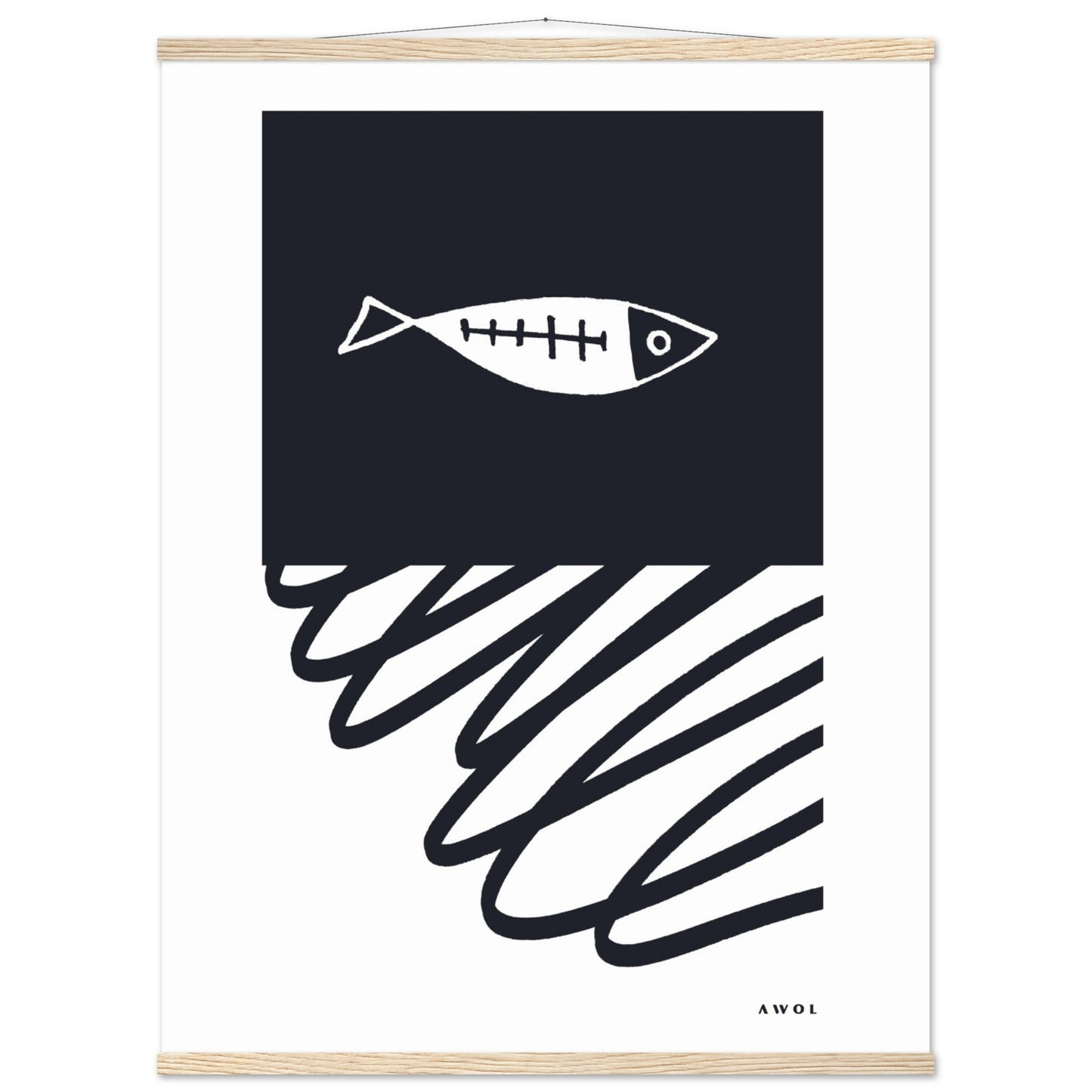Black And White Abstract Wall Art With Fish And Minimalist Lines: Poster with Hanger - Creations Awol