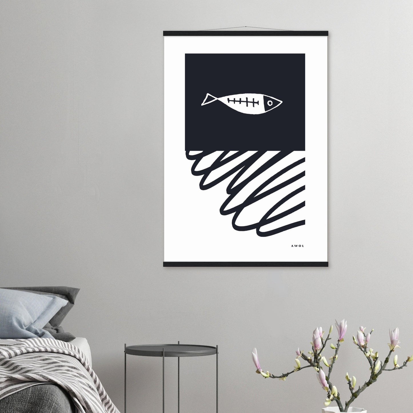 Black And White Abstract Wall Art With Fish And Minimalist Lines: Poster with Hanger - Creations Awol
