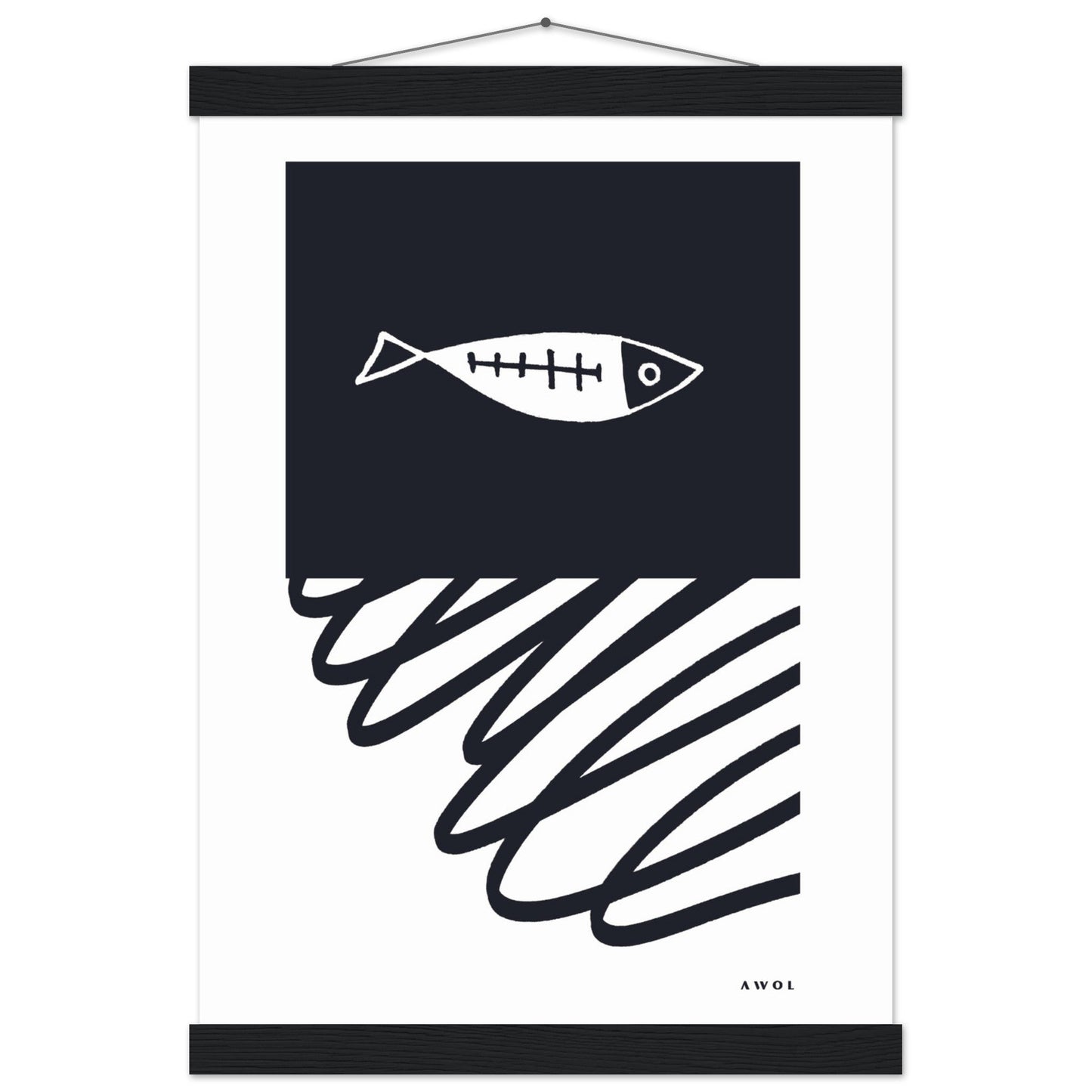 Black And White Abstract Wall Art With Fish And Minimalist Lines: Poster with Hanger - Creations Awol