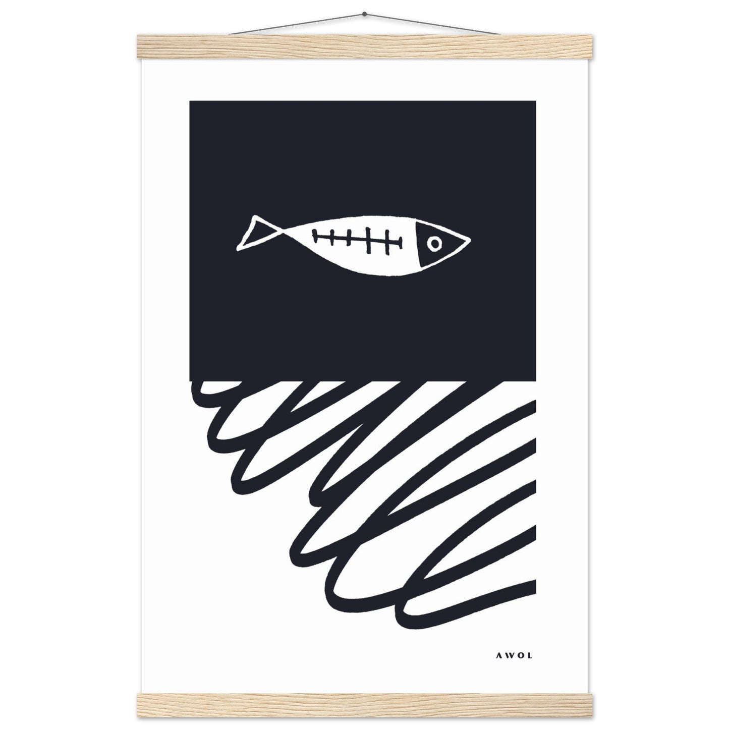 Black And White Abstract Wall Art With Fish And Minimalist Lines: Poster with Hanger - Creations Awol