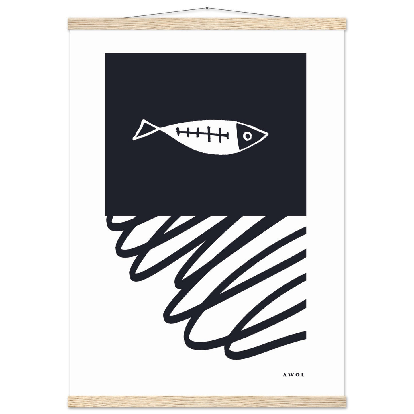 Black And White Abstract Wall Art With Fish And Minimalist Lines: Poster with Hanger - Creations Awol