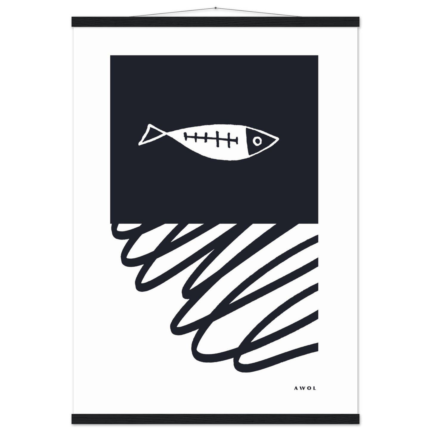 Black And White Abstract Wall Art With Fish And Minimalist Lines: Poster with Hanger - Creations Awol