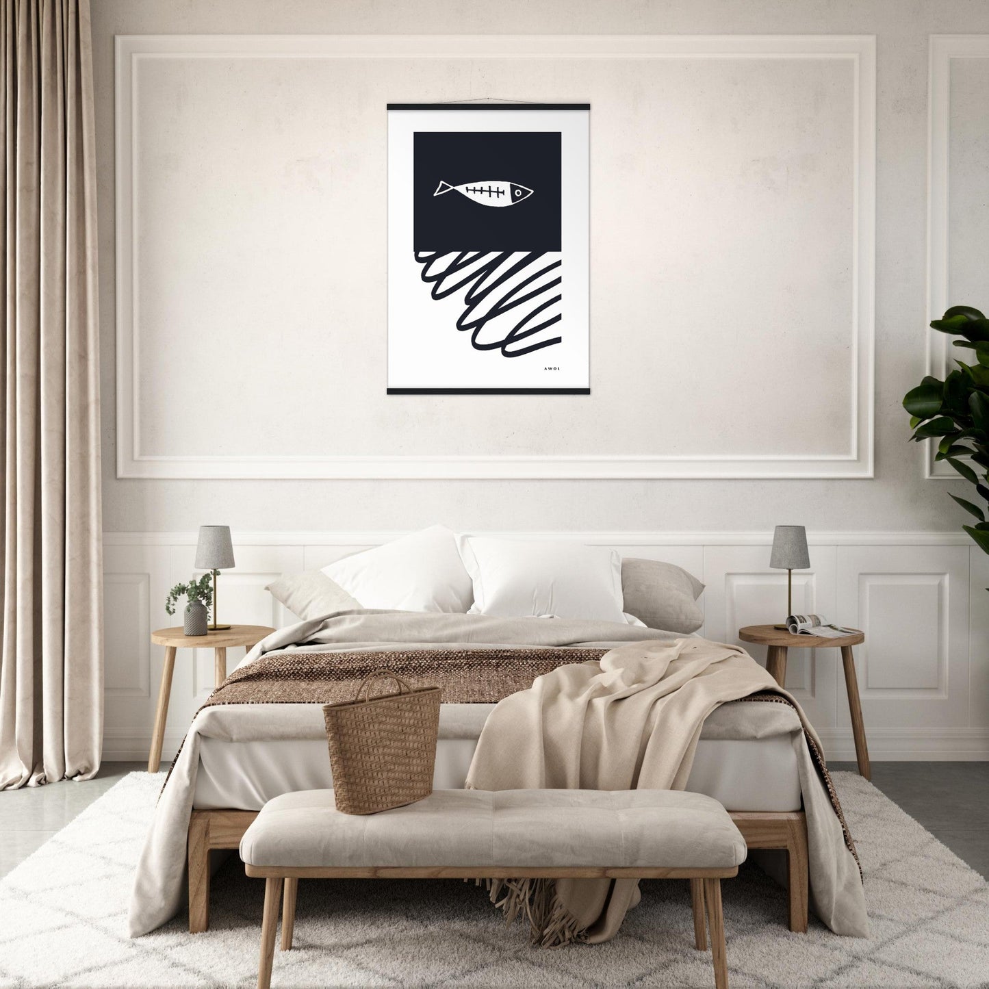 Black And White Abstract Wall Art With Fish And Minimalist Lines: Poster with Hanger - Creations Awol