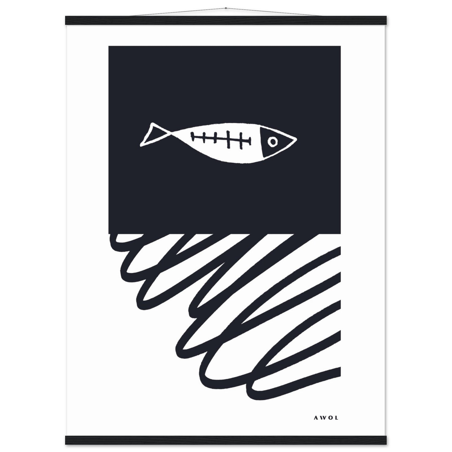 Black And White Abstract Wall Art With Fish And Minimalist Lines: Poster with Hanger - Creations Awol